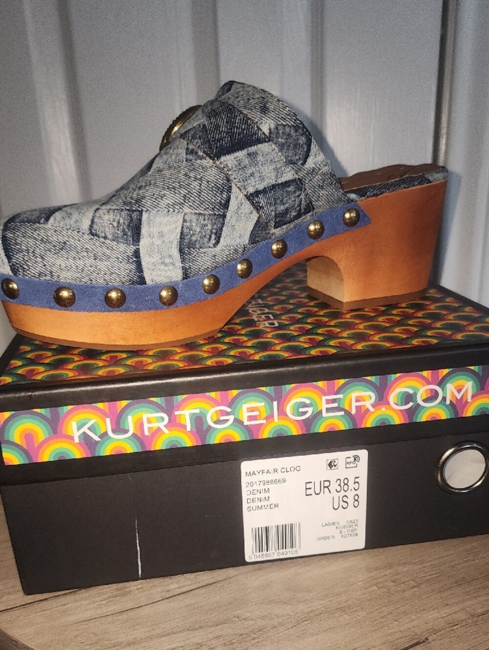 Kurt Geiger Denim-Patterned Clog with Gold Buckle - Picture 7 of 9